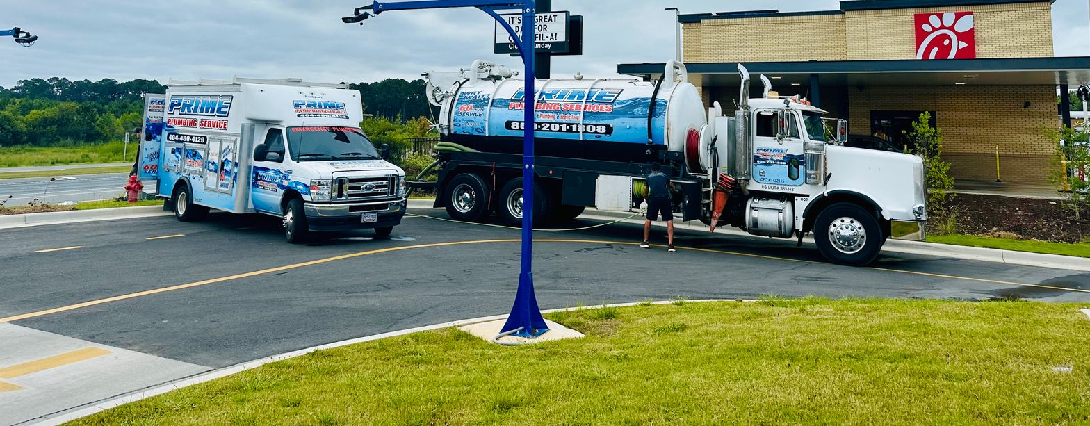 Prime Plumbing & Septic Services fleet - service van and septic pumping truck